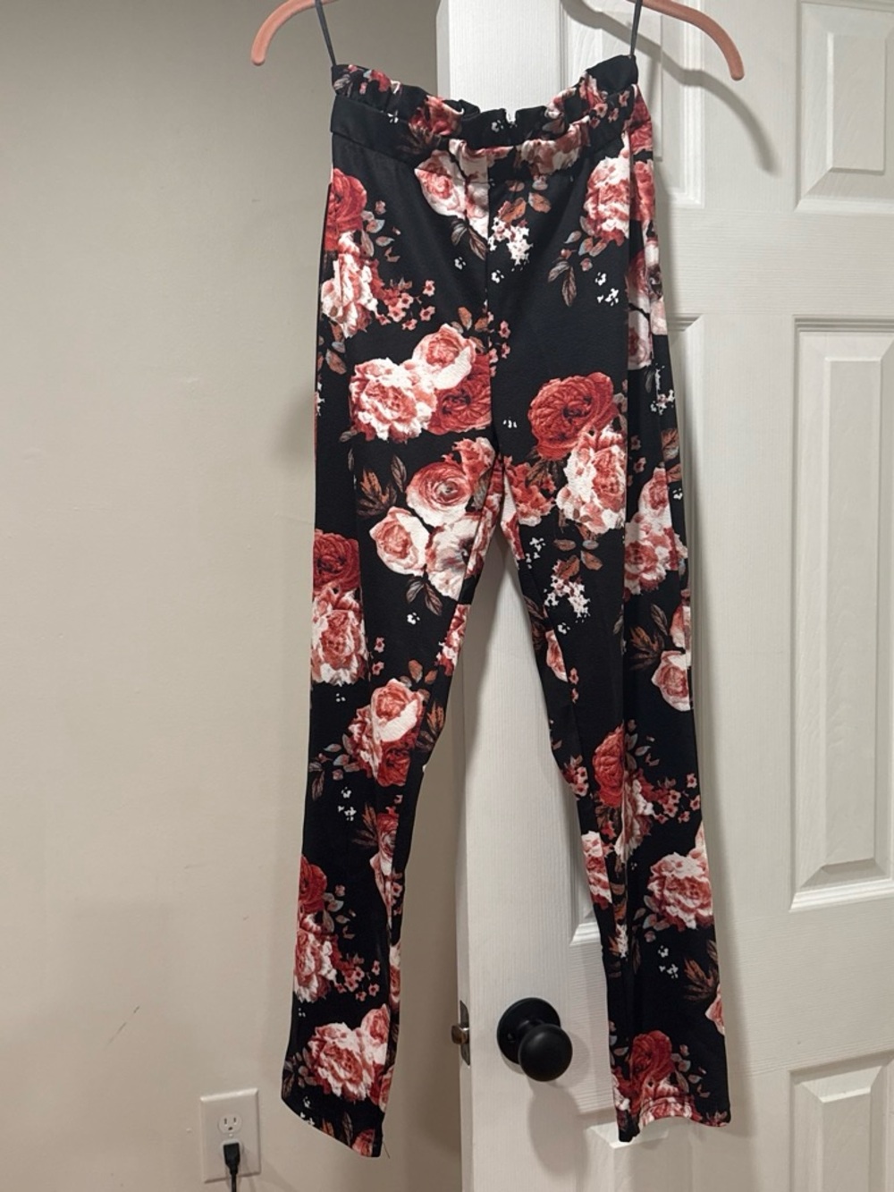 SHEIN Black Wide-Leg Paperbag Pants with Red Rose Floral Print